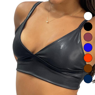 Top Cropped Feminino Tipo Couro Alça Fina Decotado Duplo Sem Bojo Cirrê Premium Carioca em Oferta na Shopee