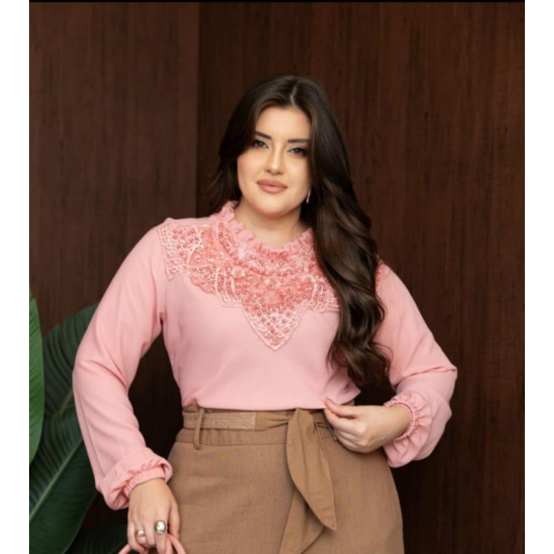 Blusa feminino social manga longa gola alta Com Perola M G GG