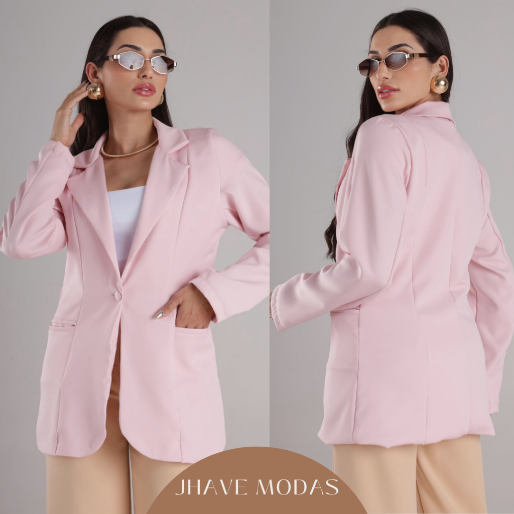 Blazer Feminino de Alfaiataria Alongado Elegante com Forro nas Costas e Bolsos Funcionais em Oferta na Shopee