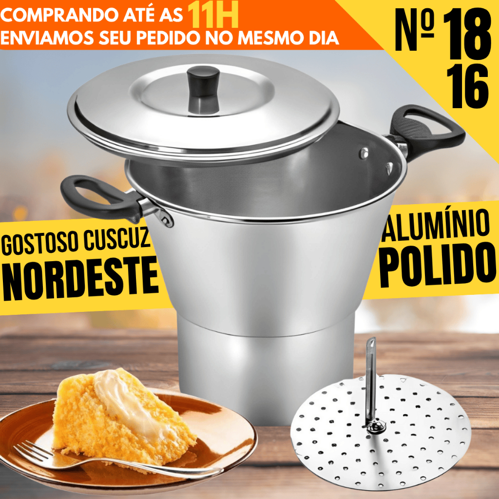 Cuscuzeira De Alumínio Polido N°18/16 Cuscuzeiro Grande Panela Faz Cuscuz Reforçado Qualidade