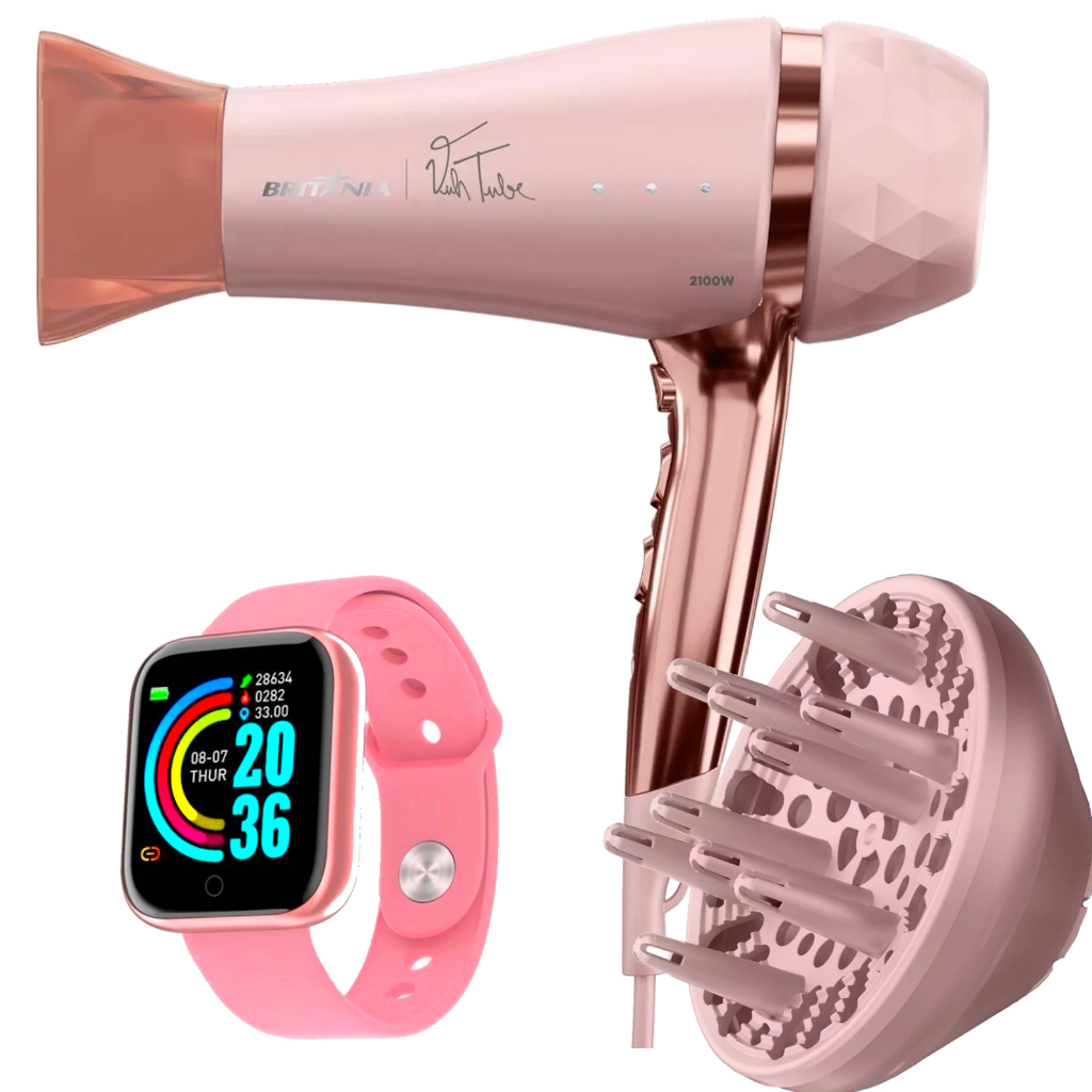 Secador De Cabelo Britania Profissional 2100w Ions Tourmaline Ar Quente Frio Bivolt Com Difusor Cachos Acessórios