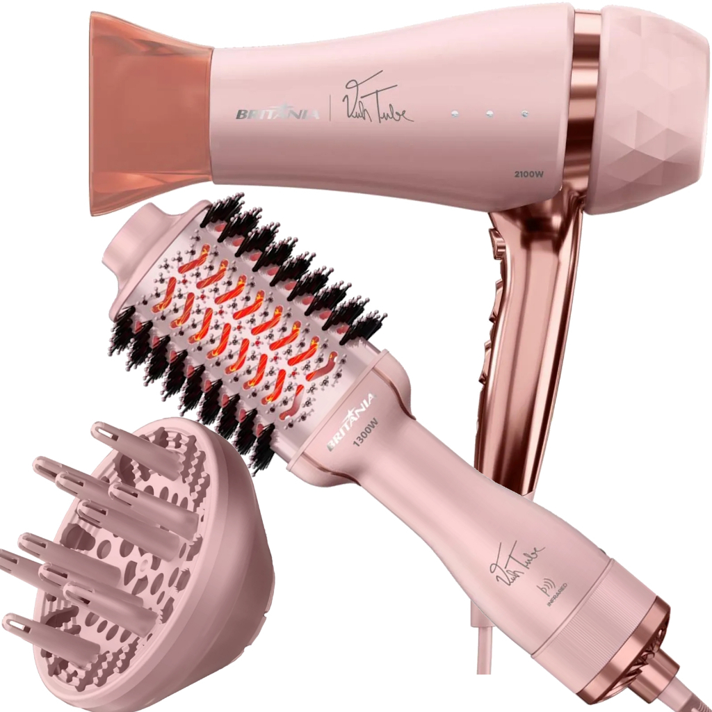 Secador De Cabelo Britania Profissional 2100w Ions Tourmaline Ar Quente Frio Bivolt Difusor Escova Modeladora Ions 1300w