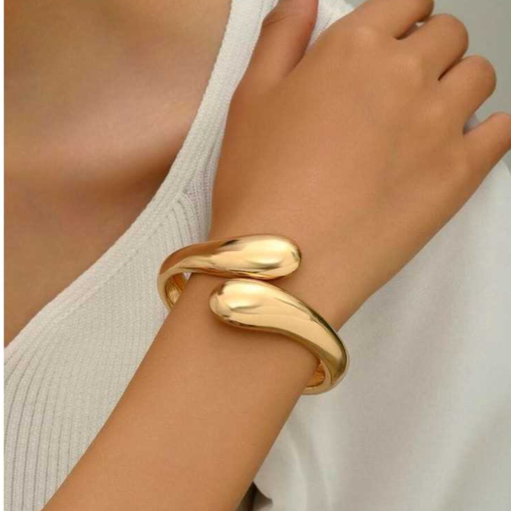 Bracelete Gota e  Anel Duplo Gota Pulseira Maximalista folheado a ouro/prata/meio a meio