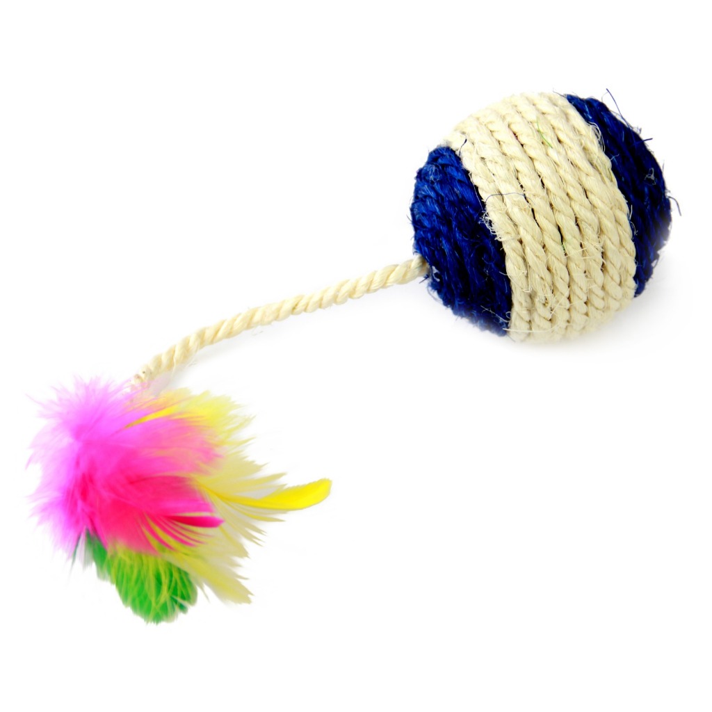 Brinquedo Interativo para Gatos Bola Sisal Com Penas e Com Catnip