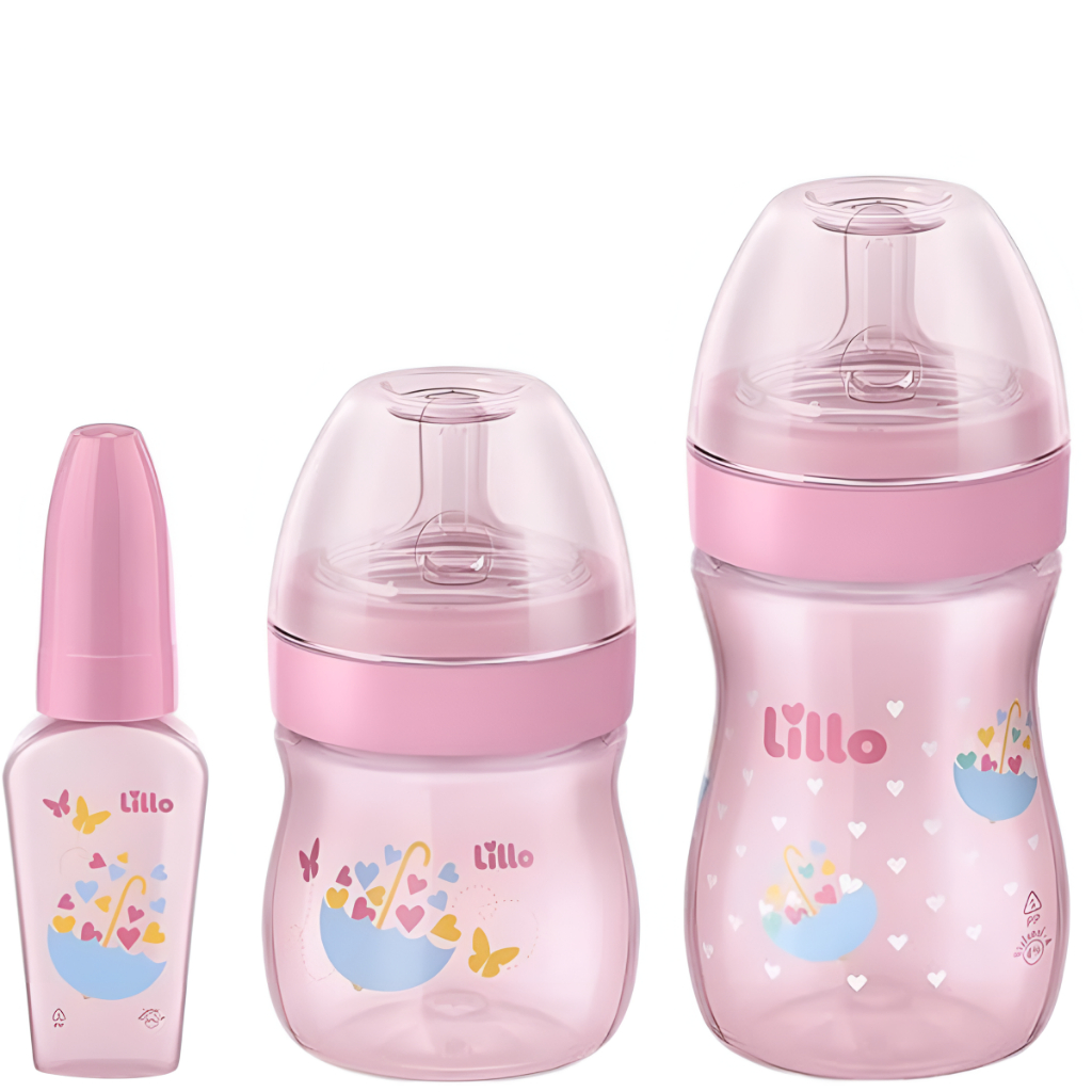 Kit 3 Mamadeiras Evolution Primeiros Passos com Chuquinha Lillo 50/150/240 ml Rosa Menina