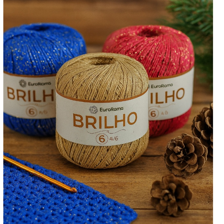 Barbante de Crochê EuroRoma Brilho 400g Nº6 Barbante com Fita Metalizada Ouro - Barbante com Brilho