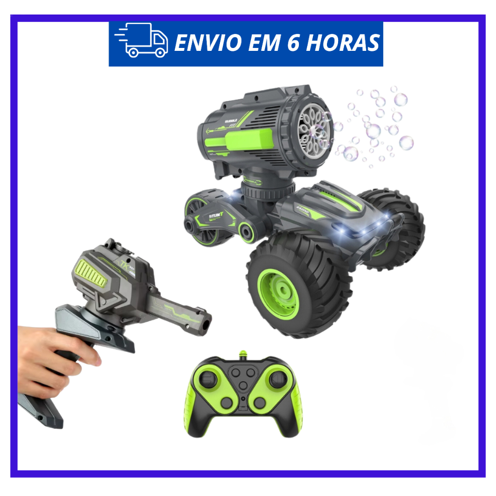 Veículo Stunt 4x1 com Controle Remoto – Roda 360°, Bolhas e Canhão em Bolas de Gel com 1000 unidades