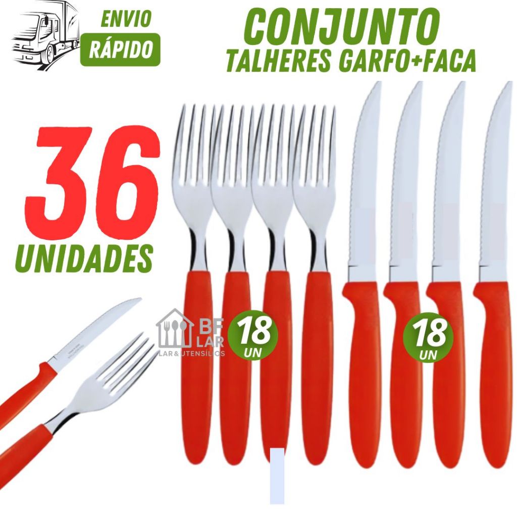 Talher Colorido Vermelho com 36/18/12 Unidades Conjunto Garfo e Faca de Inox para Bares Restaurantes