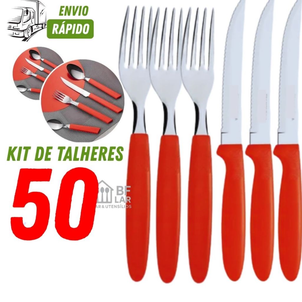 Garfos Facas Linha Colorida Vermelho com Kit com 50/24 ou 12 Garfos  Facas Inox Cabo Vermelho Almoço