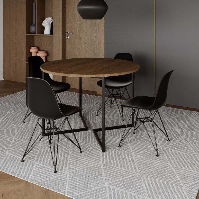 Conjunto Mesa de Jantar e Cadeiras Industrial Redonda 110cm Tampo de Madeira Base V para Sala de Estar e Cozinha