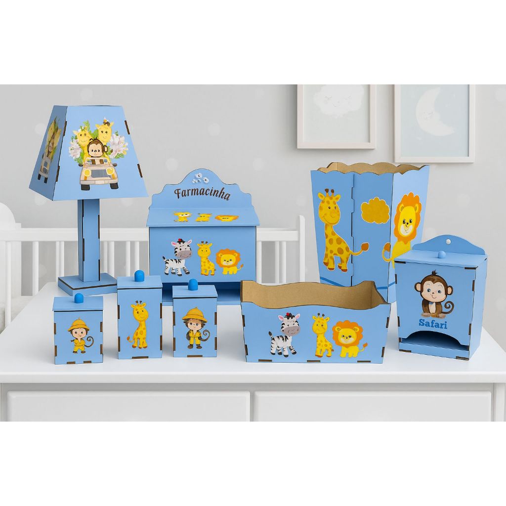 Kit Higiene Bebê Selva Safari 8 Peças Mdf Azul Menino