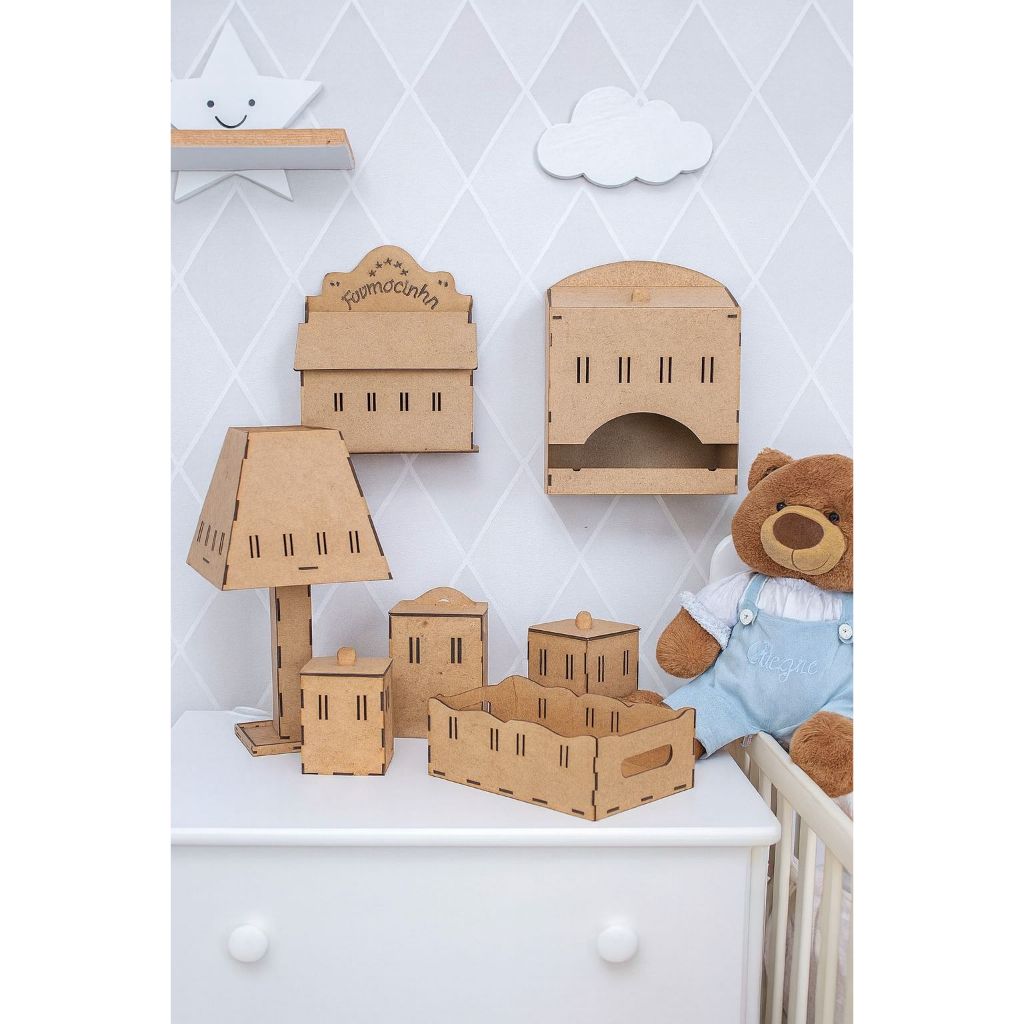 Kit Bebe Higiene Madeira Mdf Crú 8 Pçs Passa Fita Desmontado