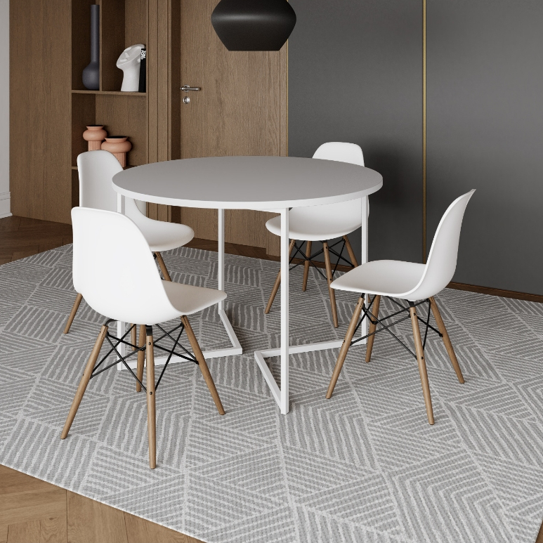 Mesa de Jantar Industrial Redonda 110cm Tampo Madeira Base em V com 4 Cadeiras Eames Eiffel