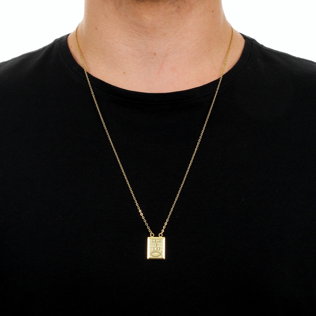 Colar Corrente Escapulário Banhada a Ouro 18k Masculino Deus é Fiel