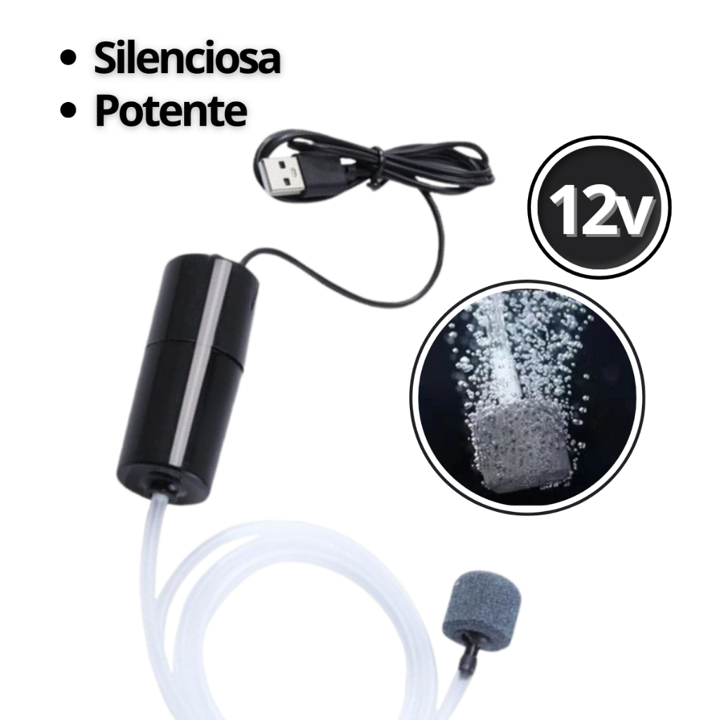 Bomba de Ar USB Aquário Compressor Oxigenio Silencioso Portátil Pedra Difusora 12v Aerador Tanque