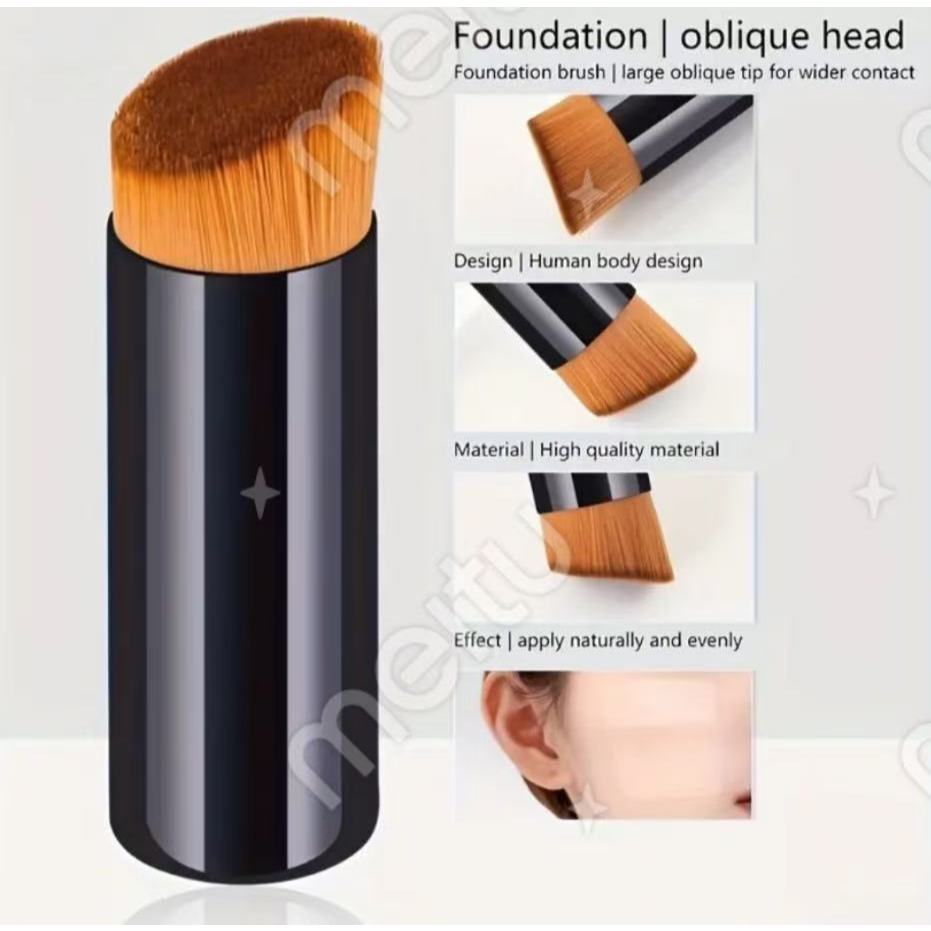 Pincel de base líquida com tubo de alumínio, cabeça plana inclinada e cabo curto para aplicação de base em pó solto