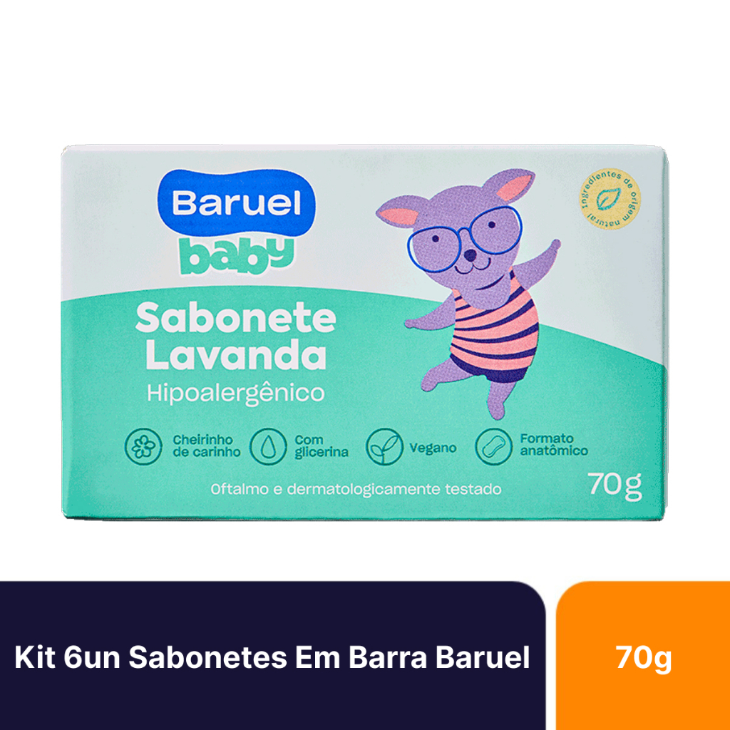 Kit 6un Sabonetes Em Barra Infantil Baruel Baby Lavanda Com 70g