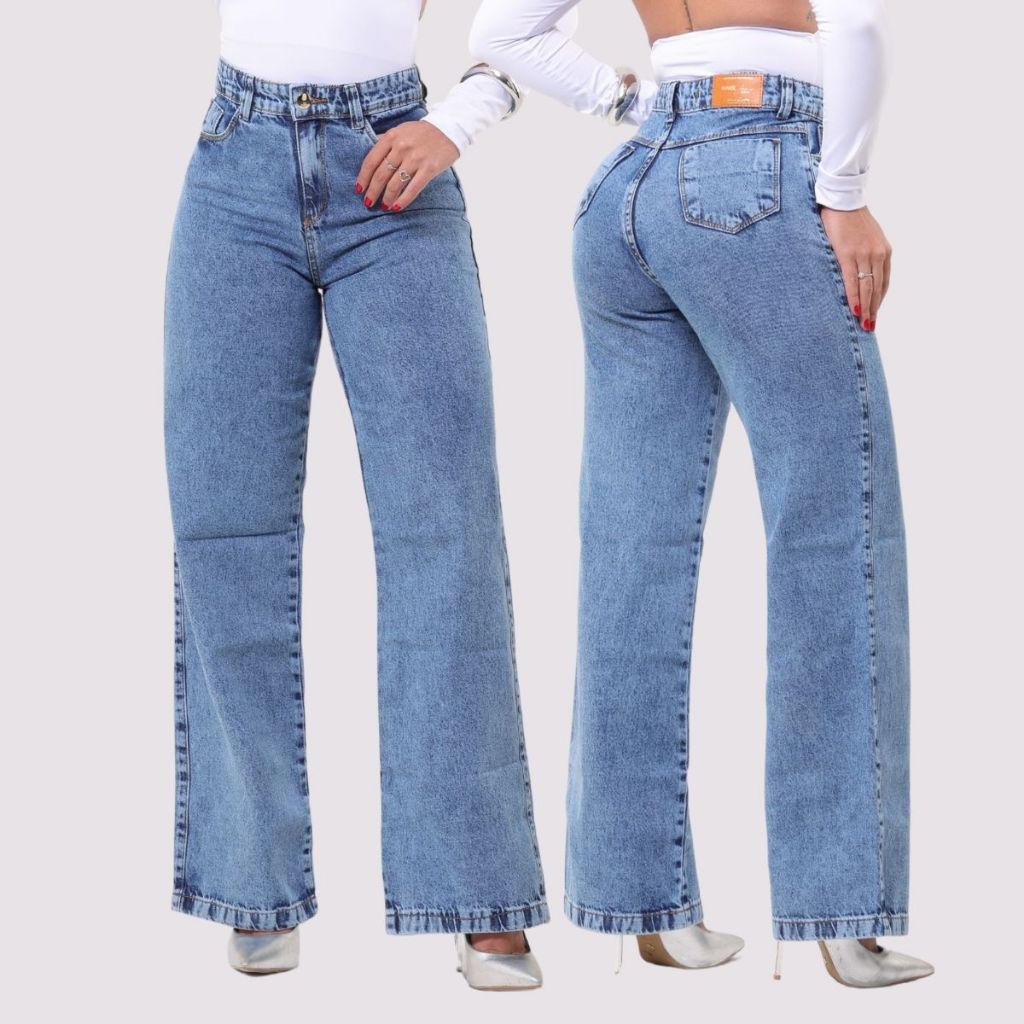 CALÇA WIDE LEG JEANS MARMORIZADA PANTALONA CINTURA ALTA 100% ALGODÃO SEM ELASTANO em Oferta na Shopee