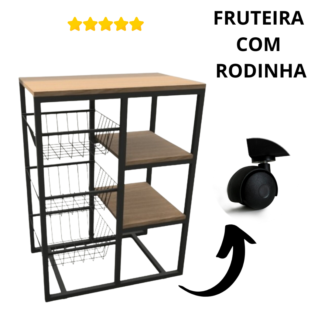 Fruteira Organizador Multiuso Aço Preto Fosco Suporte Grande Rodinha em Oferta na Shopee