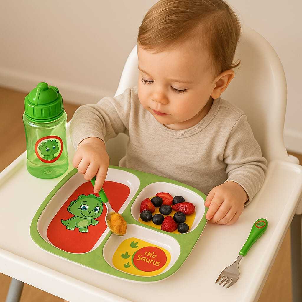 Kit Alimentação Infantil com Prato Dividido Talheres e Garrafinha Tema Dinossauro Verde Livre de BPA