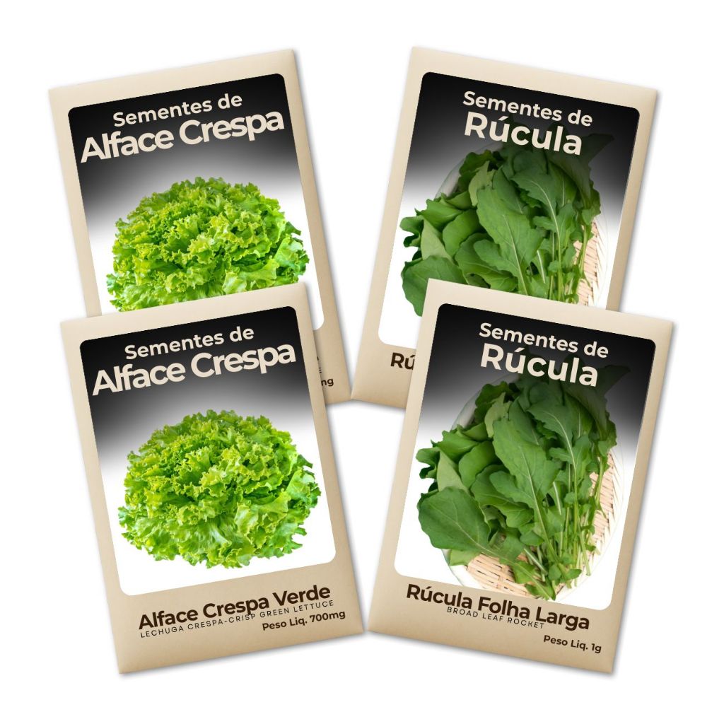 Sementes Alface e Rúcula Para Horta Caseira ou Urbana Cultive Verduras Frescas e Nutritivas Kit 4 Pct