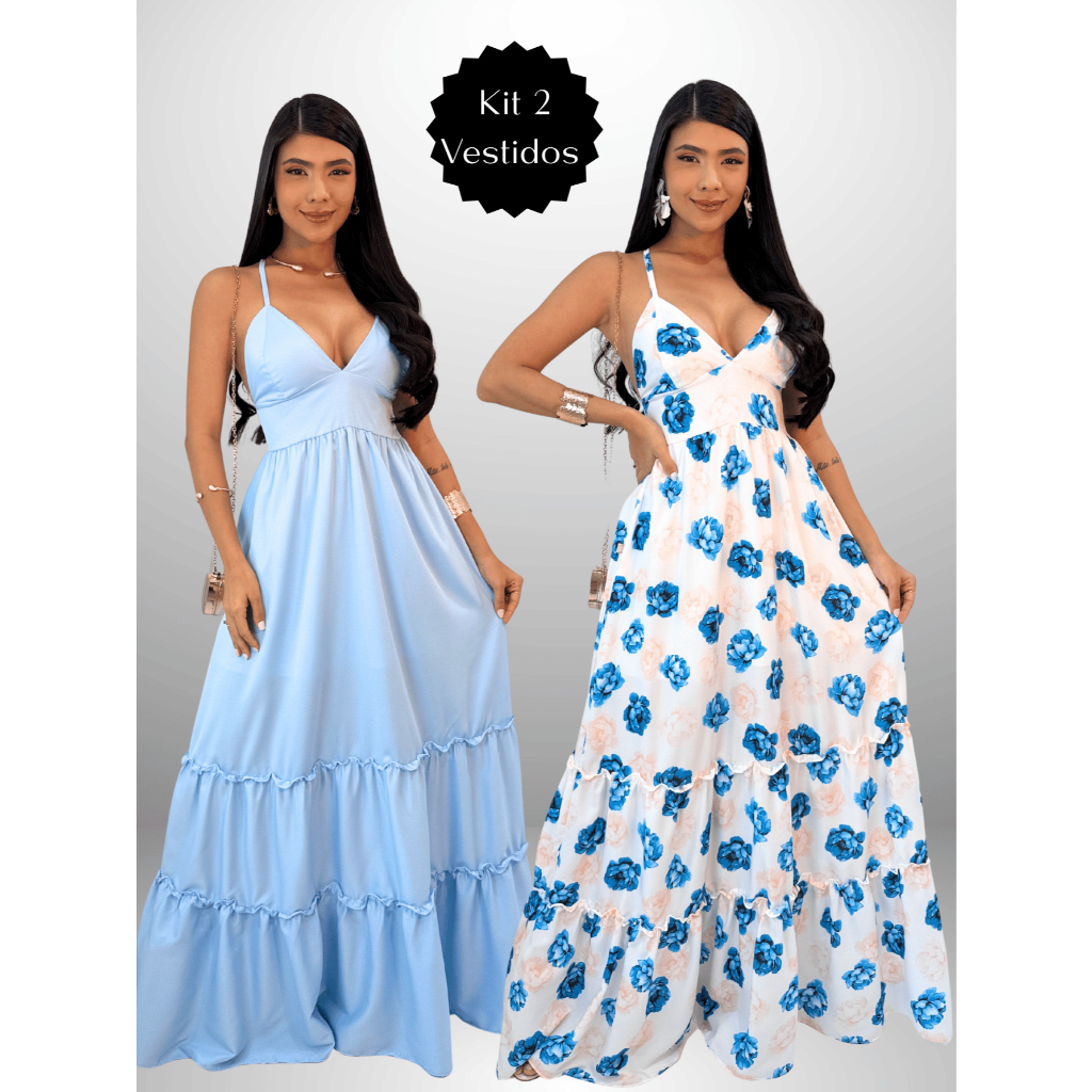 Kit 2 Vestidos Longos Estampado e Cor Lisa Verão Forrado com Alça