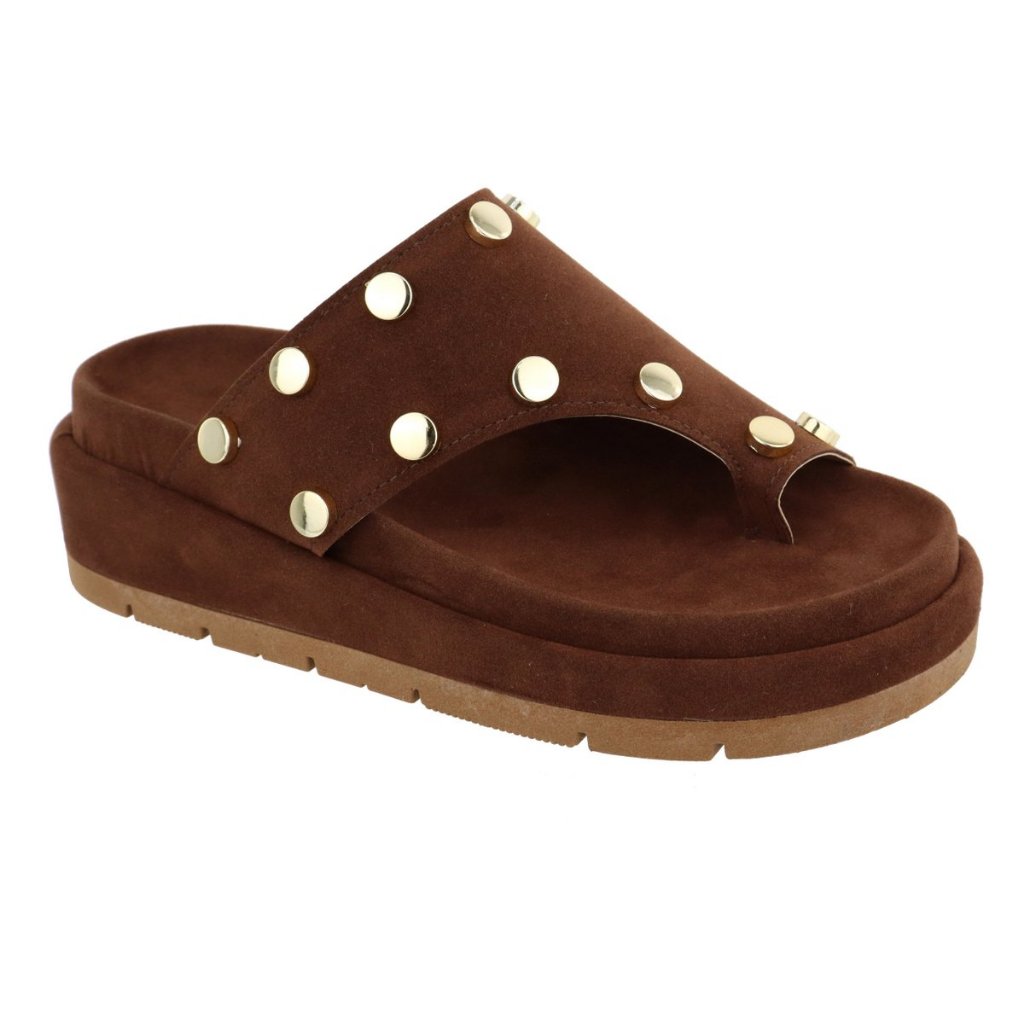 Sandália Flatform Papete Feminina Confortável Bolinhas Lançamento Camurça Marrom