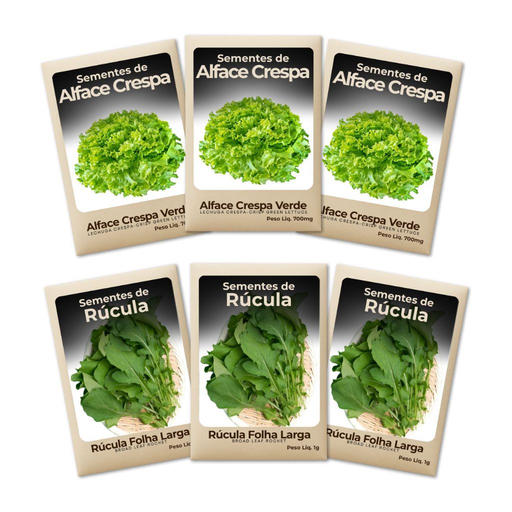 Sementes Alface e Rúcula Para Horta Caseira ou Urbana Cultive Verduras Frescas e Nutritivas Kit 6 Pct