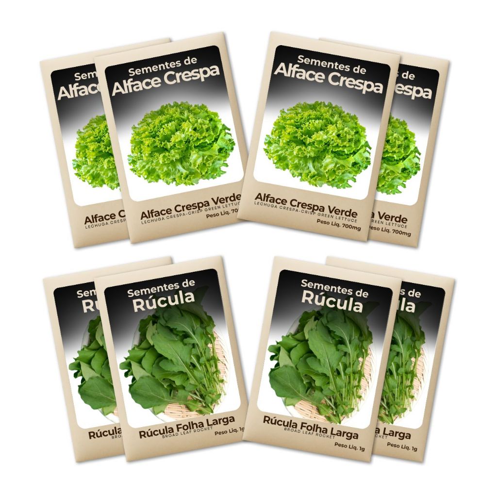Sementes Alface e Rúcula Para Horta Caseira ou Urbana Cultive Verduras Frescas e Nutritivas Kit 8 Pct