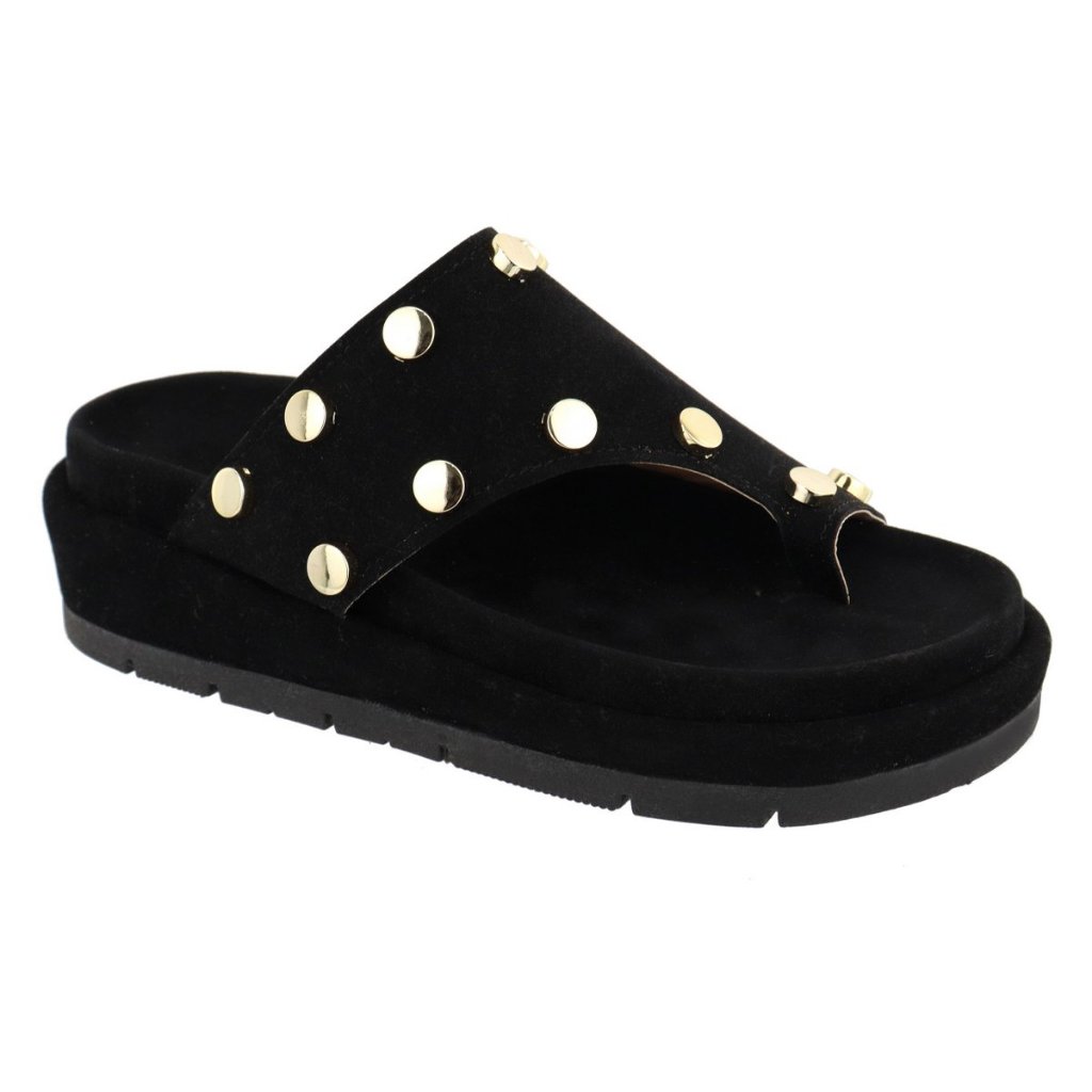 Sandália Flatform Papete Feminina Confortável Bolinhas Lançamento Camurça Preta