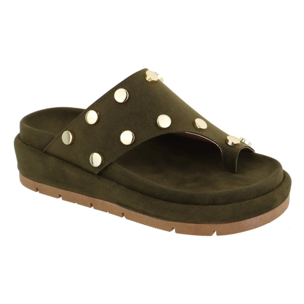 Sandália Flatform Papete Feminina Confortável Bolinhas Lançamento Camurça Verde Musgo