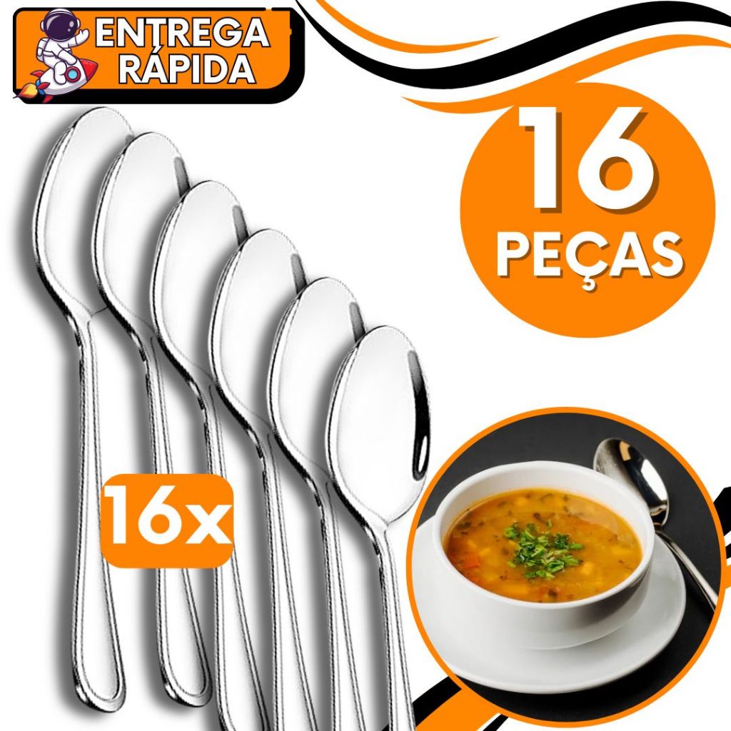 KIT JOGO 16 Colher Mesa Refeição Talher Jantar Arroz  Aço Inox Resistente Casa Cozinha Restaurante Pizzaria Churrascaria
