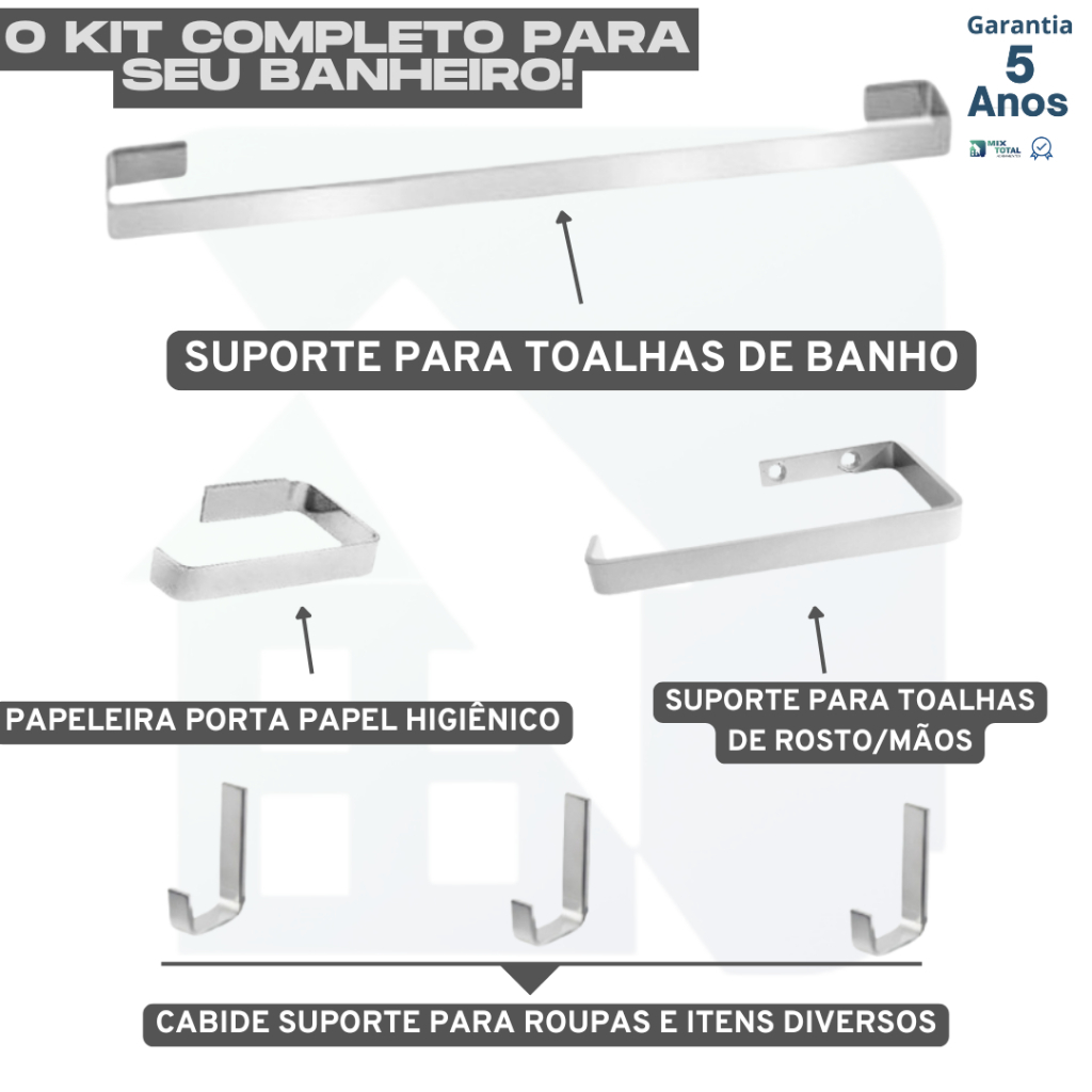 Kit 6 Peças: 1 Papeleira + 3 Cabides + 1 Porta Toalha de Rosto + 1 Porta Toalha de Banho