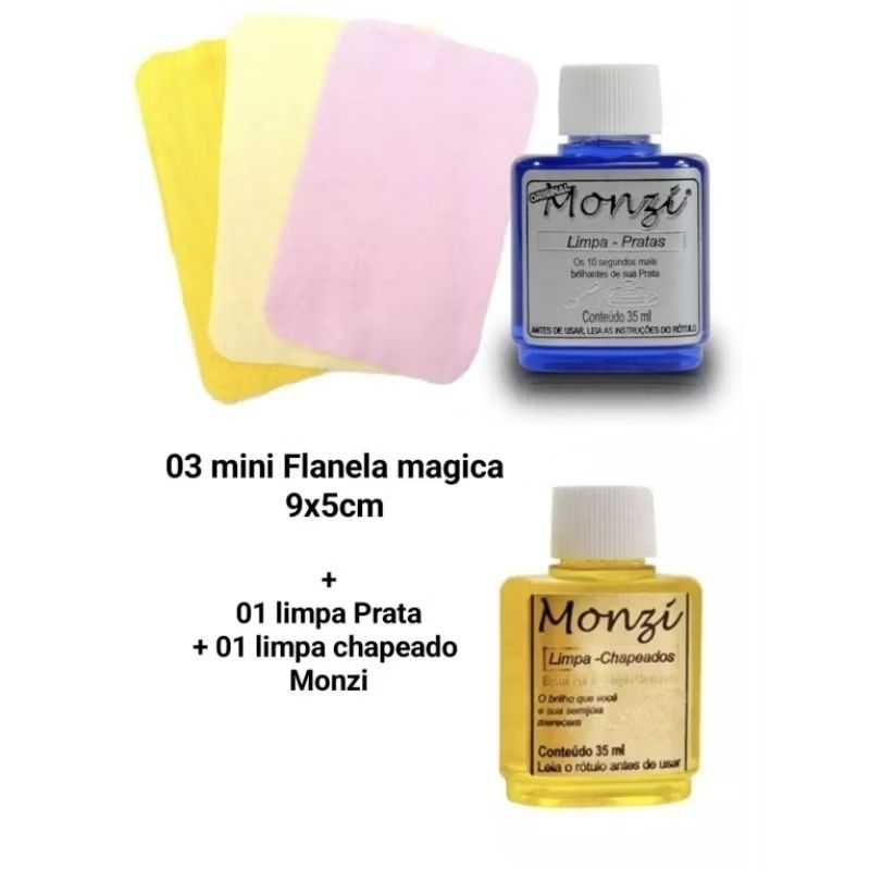 Kit 03 mini flanela polidora + 01 limpa Prata + limpa chapeado Monzi