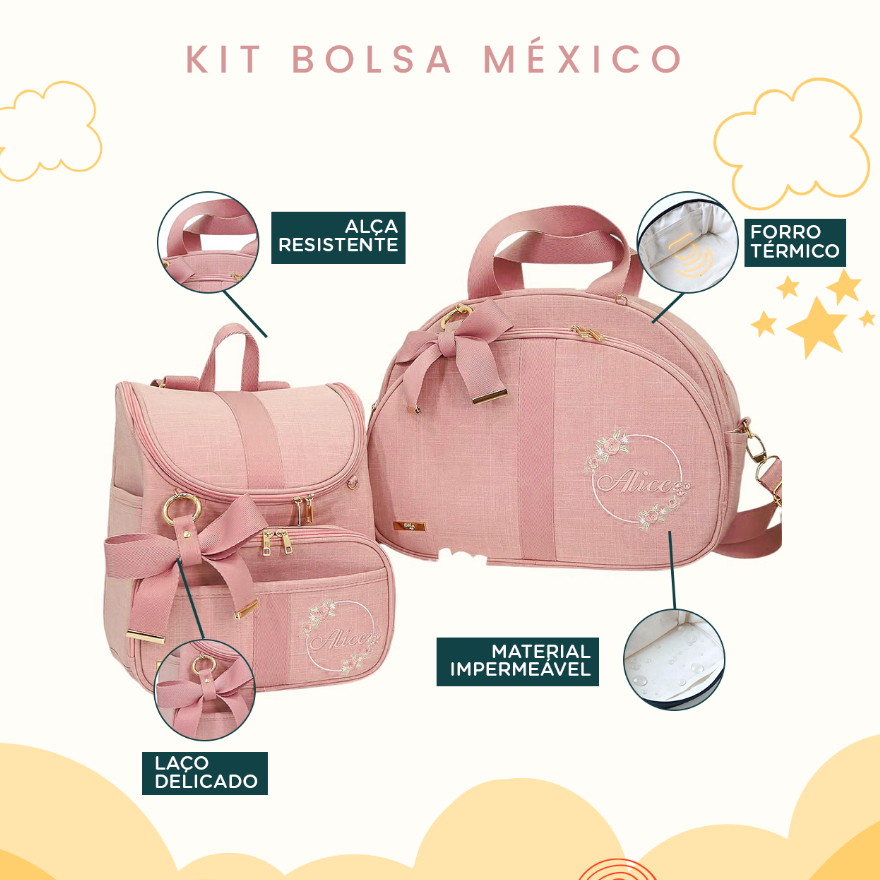 Kit 2 Peças Maternidade Bolsa Mochila Personalizado Térmica Impermeável, Coleção México