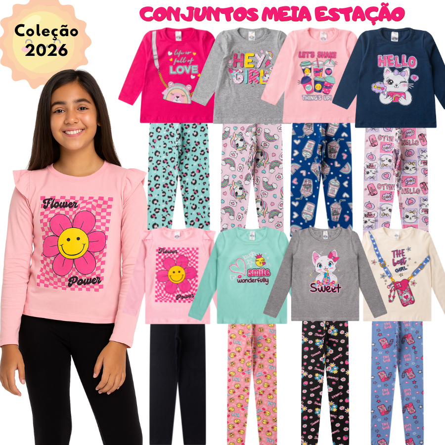 Kit Sortido 4 Peças 1/2 ESTAÇÃO de Roupas Feminino Infantil Inverno - 2 camisas manga longa +2 calças legging de 1 ao 16