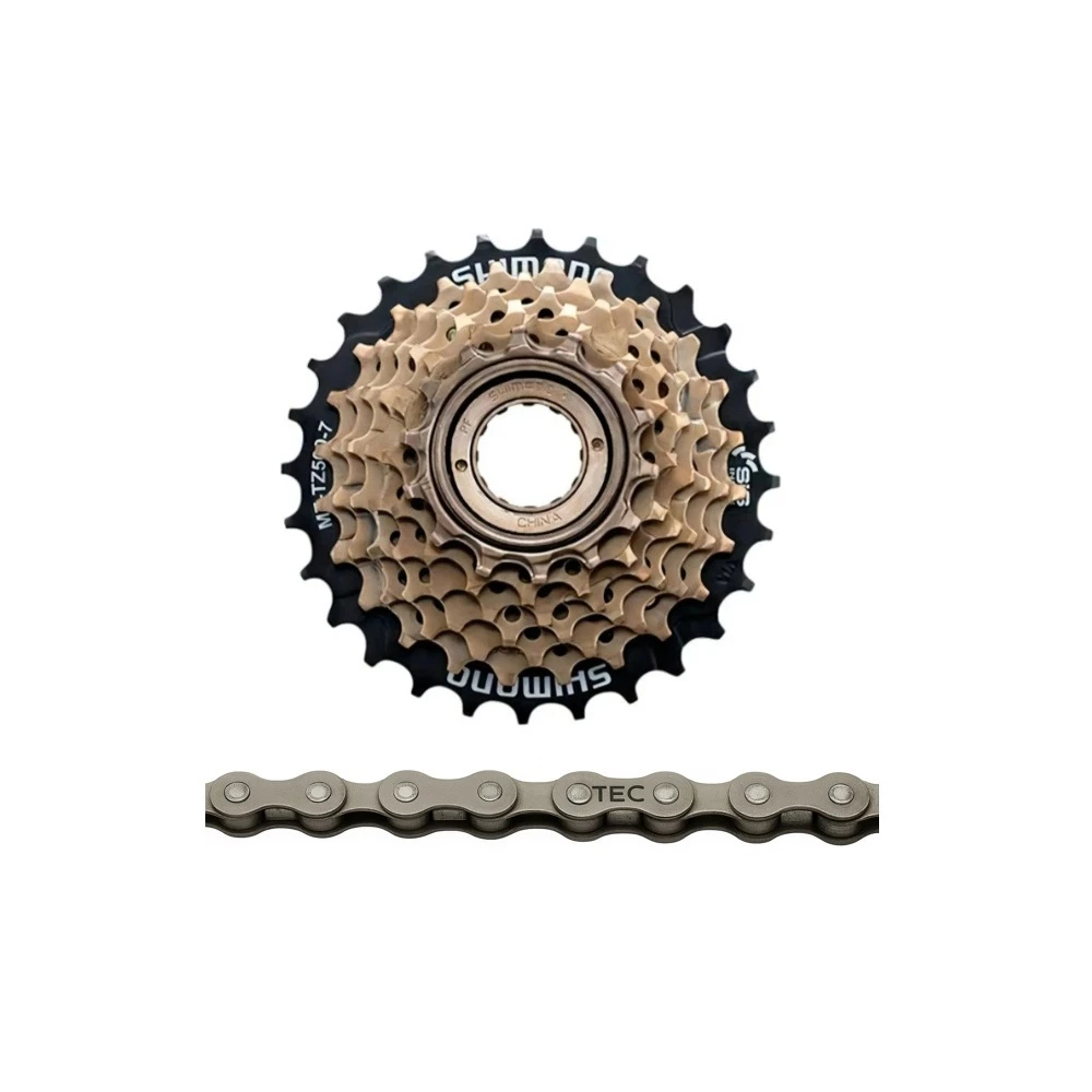 Kit Catraca Roda Livre Shimano TZ500 7v 14/28D + Corrente Fina Index P/ Bike Mtb Ou Speed Aro 26 29