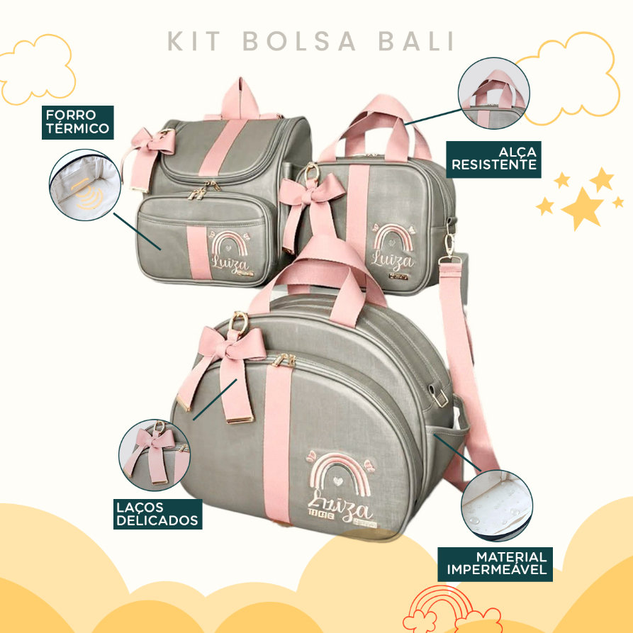 Kit Maternidade 3 Peças Bolsa, Mochila e Bolsa M Personalizado Térmica Impermeável, Coleção Bali
