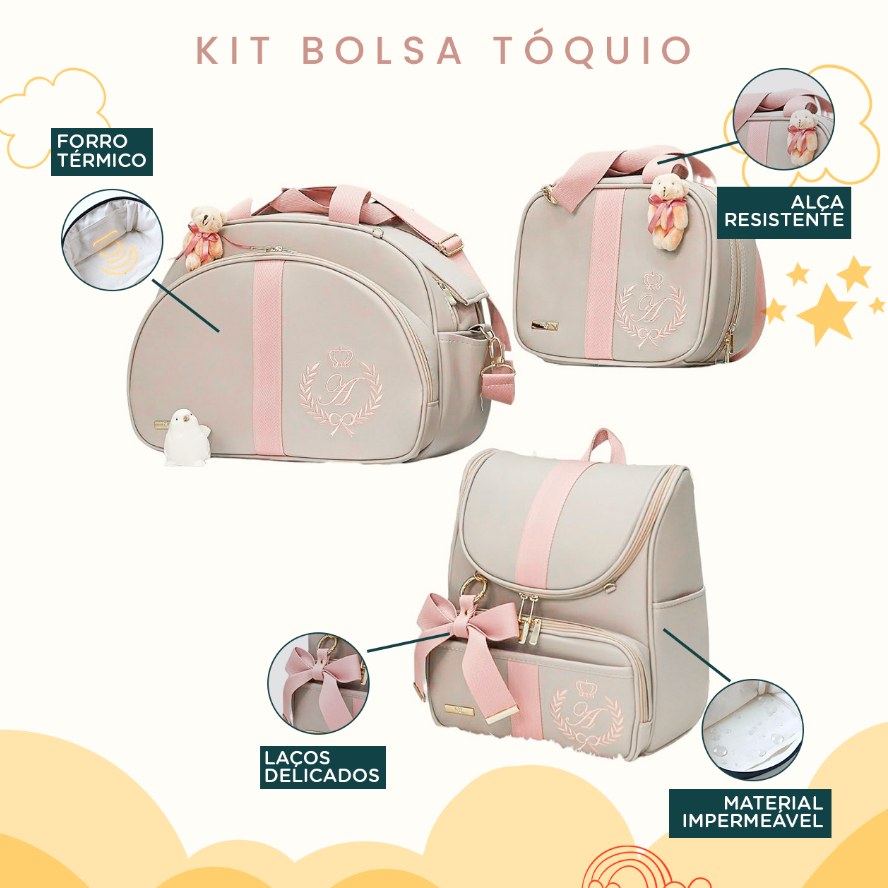 Kit Maternidade 3 Peças Bolsa, Mochila e Bolsa M Personalizado Térmica Impermeável, Coleção Tóquio