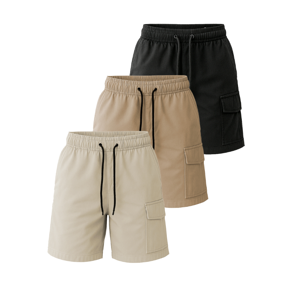 Kit 3 Shorts Cargo Bermuda de Sarja Masculino Premium 100% Algodão Cima do Joelho Bolsos laterais Preto / Bege e Caqui