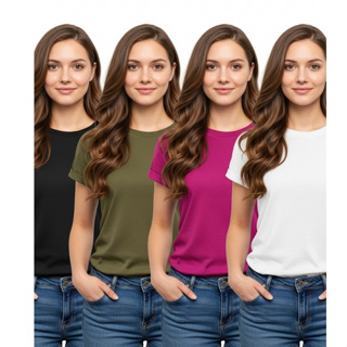 Kit com 4 Camisetas Baby Look Femininas - Básicas, 100% Algodão, Cores Sortidas em Oferta na Shopee