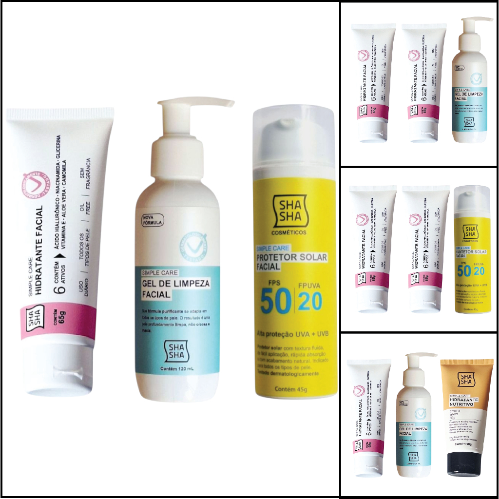 Kit Trio SkinCare SHA SHA Cosméticos Hidratante + Limpeza Facial - Todo Tipo de Pele Dia/Noite