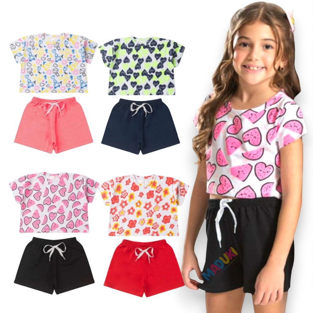 Conjunto Verão Infantil Juvenil Menina Cropped + Bermuda Feminino