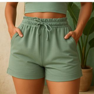 Short Moletom Feminino Algodão com Bolso Cintura Alta Verde Preto Marrom Bege Branco em Oferta na Shopee
