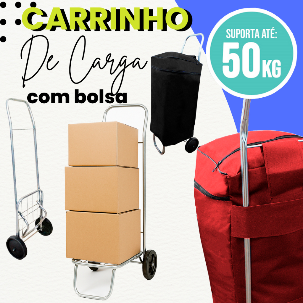Carrinho de Carga Dobrável Portátil Pratico 50KG Feira Compras Malas com Bolsa Sacola Multiuso