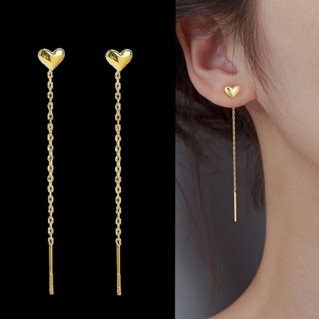 Brincos de coração de amor em aço inoxidável 18K para mulheres, brincos longos que não desbotam, elegantes e finos em Oferta na Shopee