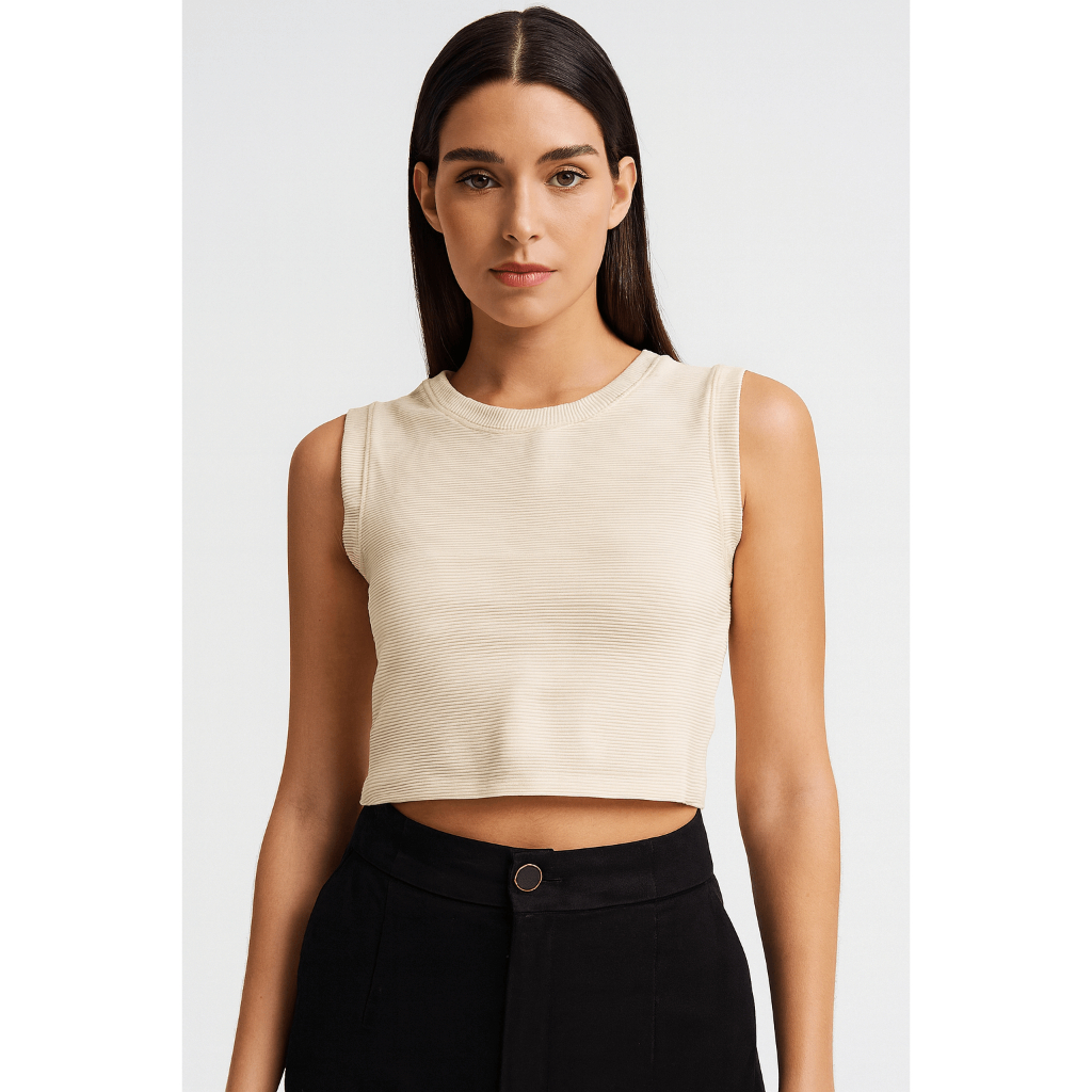 Cropped Feminino Canelado Gola Redonda em Poliamida Casual Confortável