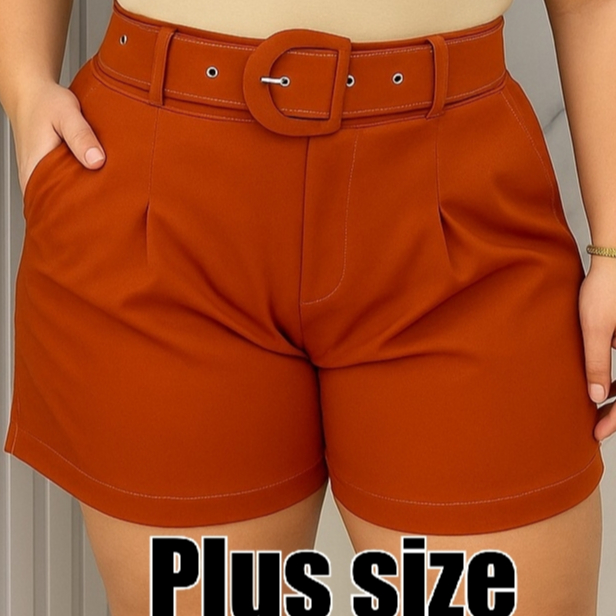 Short plus size alfaitaria com cinto forrado g1 g2 g3 moda femenina elegante para o dia a dia em Oferta na Shopee