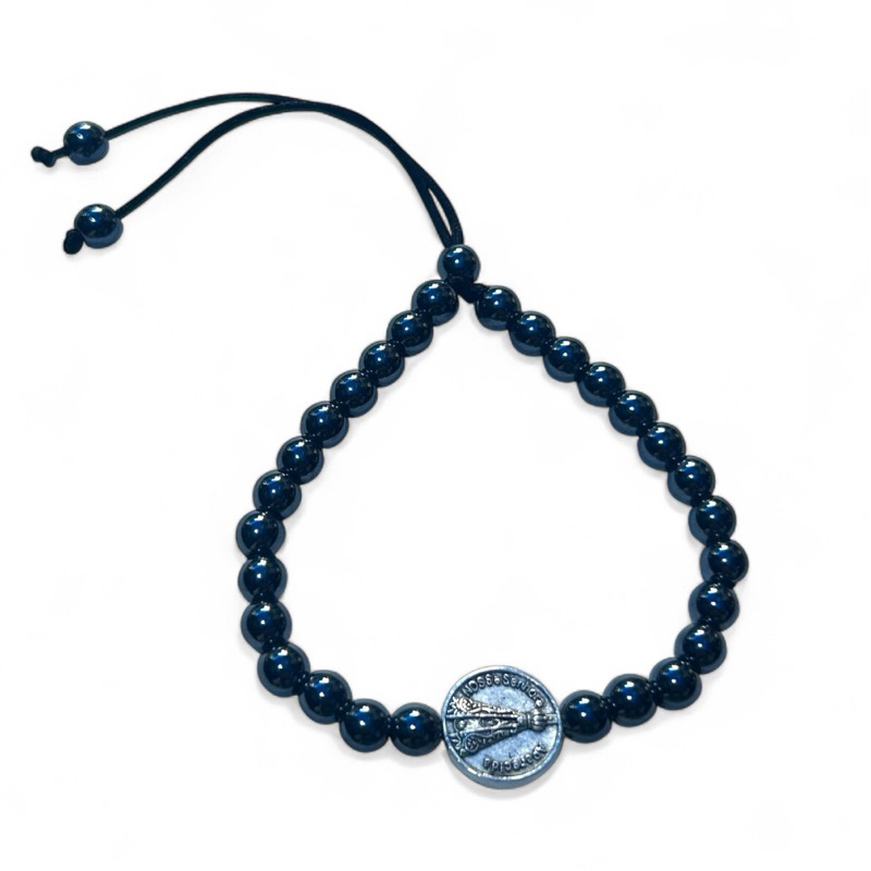 Pulseira de Pedra Hematita Regulável Com Medalha de Nossa Senhora Aparecida Ajustavel Religioso