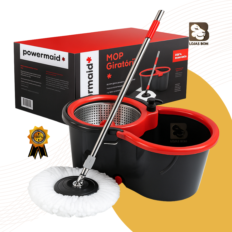Mop Giratório 13L Balde Cesto Inox Limpeza Esfregão 360 Mop Pro 1 Refil Microfibra Com Roda E Alça